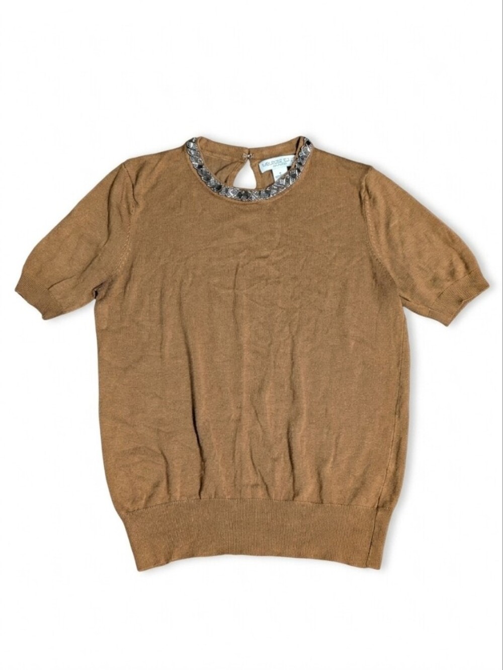 Embellished-Neck Brown Short-Sleeve Sweater Top - Women